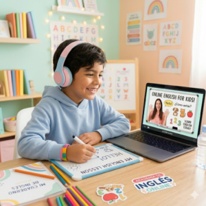Niño tomando clase de inglés online para niños con audífonos en laptop en Diacademy, aprendiendo desde casa