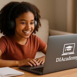 Adolescente tomando clases virtuales de Inglés con una laptop de Diacademy