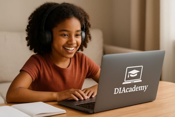 Adolescente tomando clases virtuales de Inglés con una laptop de Diacademy