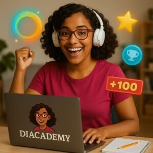 Joven frente a una laptop tomando clases de Ingles con una latop de Diacademy