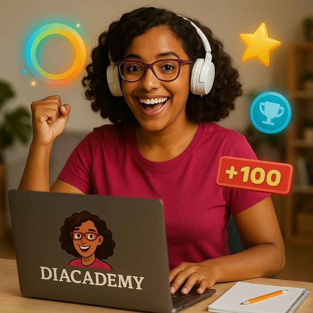 Maestra con laptop con una etiqueta de Diacademy 