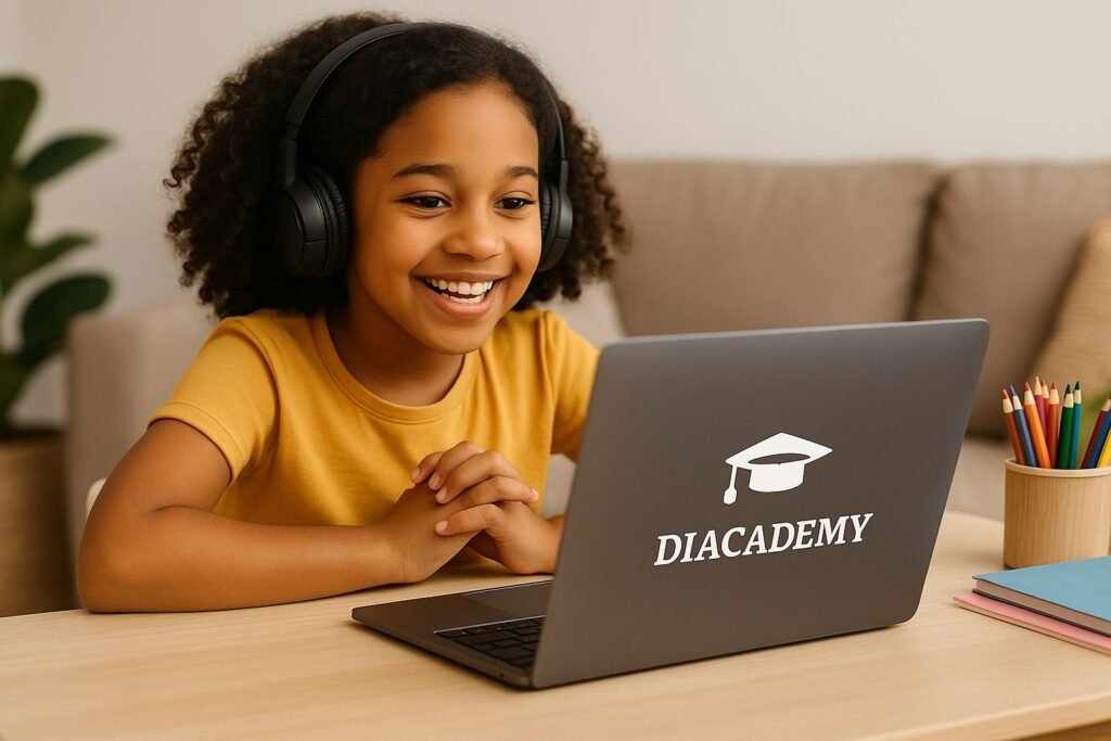 Niña tomando sus clases virtuales en una laptop que tiene el logo de Diacademy